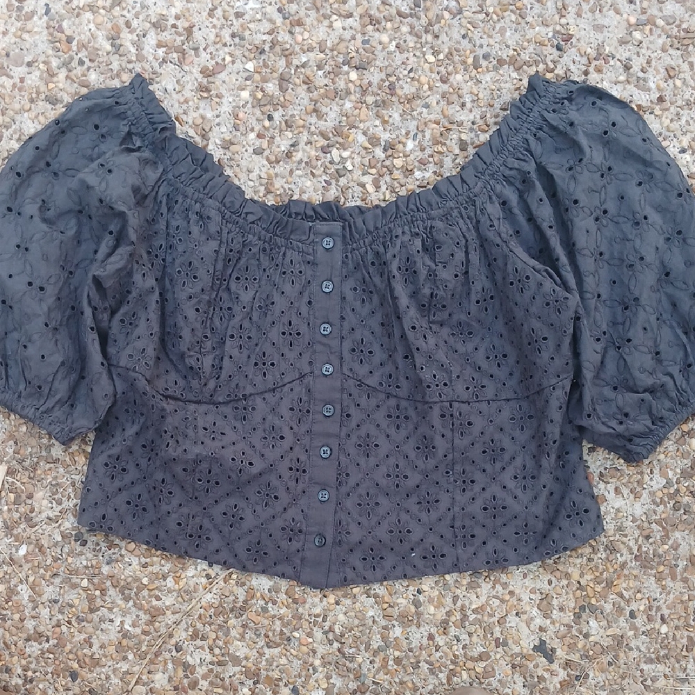 American Eagle Outfitters Black Eyelet Button-Front Blouse